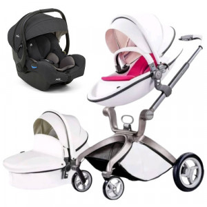 Set 3 in 1 - Carucior Hot Mom Premium Alb 2 in 1 pernita roz + Scoica auto Joie i-Size i-Gemm 2 Shale