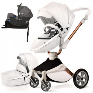Set 4 in 1 - Carucior Hot Mom 360 Alb 2 in 1 + Scoica auto Joie Gemm Foggy Grey , 0-13kg + Baza isofix i-Base