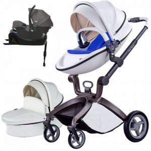 Set 4 in 1 - Carucior Hot Mom Premium Alb 2 in 1, pernita albastra + Scoica auto Joie Gemm Foggy Grey, 0-13kg + Baza isofix i-Base