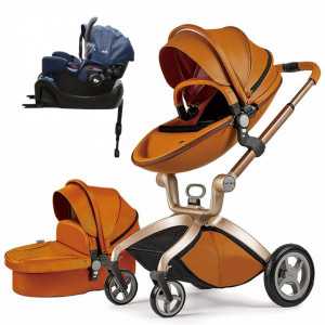 Set 4 in 1 - Carucior Hot Mom Premium Brown 2 in 1 + Scoica auto Joie Gemm Navy Blazer, 0-13kg + Baza isofix i-Base