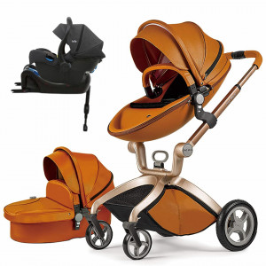 Set 4 in 1 - Carucior Hot Mom Premium Brown 2 in 1 + Scoica auto Joie i-Size i-Gemm 2 Shale + Baza isofix i-Base
