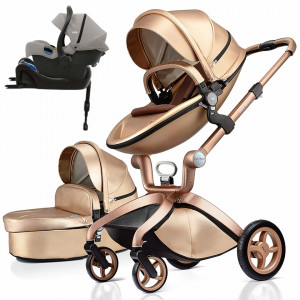 Set 4 in 1 - Carucior Hot Mom Premium Champagne 2 in 1 + Scoica auto Joie i-Size i-Gemm 2 Pebble + Baza isofix i-Base