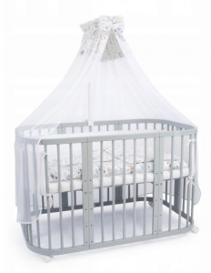 Set Patut Rotund Evolutiv pentru Copii, Multifunctional, 7in1, cu Saltele, Baldachin, Lenjerie si Aparatori Laterale, Transformabil, Masa de Schimbat, Co-Sleeping, Tarc de Joaca, Birou, Scaune, Waldin, Gri, Echipament Bufnite, 8P