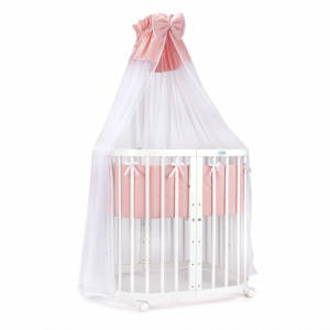 Waldin - Set Patut Rotund Evolutiv 7in1 Alb, Saltele Incluse, Transformabil, Masa de Schimbat, Co-Sleeping + Baldachin, Lenjerie si Aparatori Pink