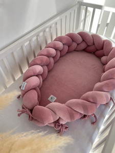 Babynest 2in1 pentru copii, cu margini impletite, din bumbac catifelat, Sparrow Velvet, Dusty Pink