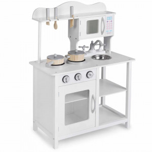 Bucatarie din lemn pentru copii 60 x 30 x 85 cm, aragaz, chiuveta, cuptor cu micround, vase, ustensile, Ricokids, RC-835