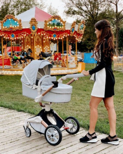 Carucior pentru copii, Hot Mom 360 Gri 2 in 1, varsta 0 si 3 ani, din piele ecologica, aliaj aluminiu, Cadru, Landou, Modul Sport si Accesorii
