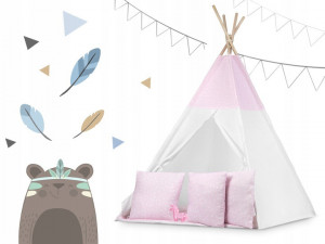 Cort de joaca pentru copii, cu fereastra, Ricokids, Pink Star, 3 perne, lumini, 120x120x165, 740403