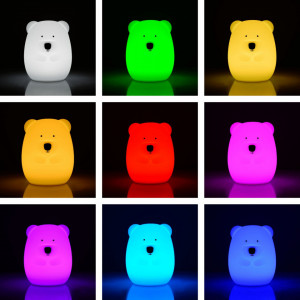 Lampa de Veghe pentru Copii, Urs, din Silicon, Moale, 9 lumini LED, alimentare USB, Lumina Reglabila, Telecomanda, Severno Bear, Alb