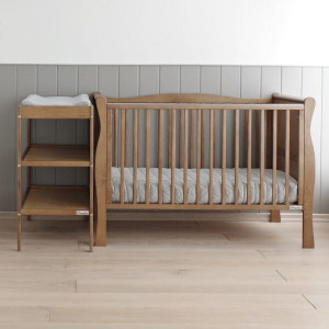 Patut Bebe Din Lemn de Pin Masiv, 120 x 60 cm, Design Impunator, Confortabil, Rezistent, 2 niveluri reglare inaltime saltea, protectie theeter, 3 lamele detasabile, Woodies Safe Dreams, Noble Cot, Vintage