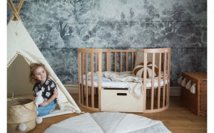 Patut Oval Evolutiv pentru Copii, Multifunctional, 7in1, Saltele Incluse, Transformabil, Masa de Schimbat, Co-Sleeping, Tarc de Joaca, Birou, Scaune, Waldin, Natural