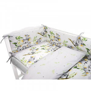 Qmini - Lenjerie patut pentru copii, 3 piese, Cu protectie laterala, Koala Bear Grey, Din bumbac, Pentru patut 120x60 cm