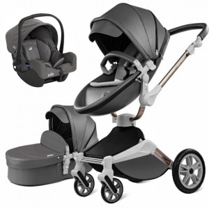 Set 3 in 1 - Carucior Hot Mom 360 Dark Grey 2 in 1 + Scoica auto Joie Gemm Foggy Gray