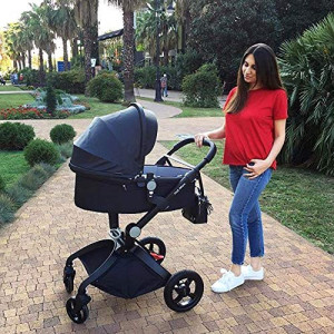 Set 3 in 1 - Carucior Hot Mom Premium Negru 2 in 1 + Scoica auto Joie Gemm Navy Blazer