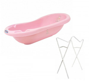 Set Cadita de baie bebe cu termometru Zebra 100 cm Roz + Suport metalic alb pentru cadita universala 100/102 cm