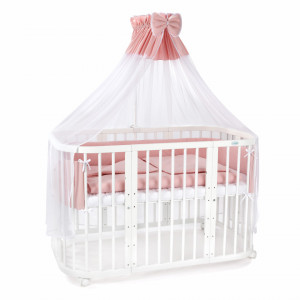 Set Patut Rotund Evolutiv pentru Copii, Multifunctional, 7in1, cu Saltele, Baldachin, Lenjerie si Aparatori Laterale, Transformabil, Masa de Schimbat, Co-Sleeping, Tarc de Joaca, Birou, Scaune, Waldin, Alb, Echipament Roz, 77