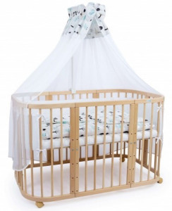 Set Patut Rotund Evolutiv pentru Copii, Multifunctional, 7in1, cu Saltele, Baldachin, Lenjerie si Aparatori Laterale, Transformabil, Masa de Schimbat, Co-Sleeping, Tarc de Joaca, Birou, Scaune, Waldin, Natural, Echipament Forest, 8L