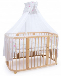 Set Patut Rotund Evolutiv pentru Copii, Multifunctional, 7in1, cu Saltele, Baldachin, Lenjerie si Aparatori Laterale, Transformabil, Masa de Schimbat, Co-Sleeping, Tarc de Joaca, Birou, Scaune, Waldin, Natural, Echipament S17