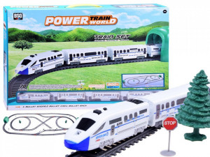Tren electric cu 3 vagoane de pasageri, lungimea liniei 900 cm, cu lumini, dispozitiv comutare sina, accesorii pentru decor, Alb
