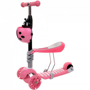 Trotineta 3 roti cu scaun detasabil, pentru copii, roti cu lumini, ghidon reglabil, pivotant, Severno, Lady Bug, Pink