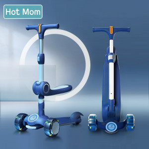 Trotineta cu 3 roti pentru copii 2 - 9 ani, cu Scaun, Hot Mom Wind Rider, Aliaj aluminiu, Silicon PU, Structura Robusta, Pana la 50 kg, Albastra