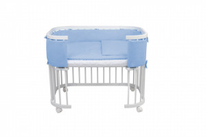 Waldin - Patut pentru copii Rotund 5in1 Alb cu Echipament Albastru, cu Sistem de Leganare, Saltele Incluse, Transformabil, Co-Sleeper, Tarc de Joaca, Masa si Scaun pentru Activitati