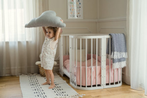 Waldin - Patut Rotund Evolutiv 7in1 Alb, Saltele Incluse, Transformabil, Masa de Schimbat, Co-Sleeping, Tarc de Joaca, Birou, Scaune