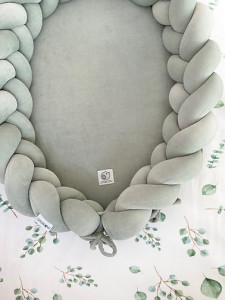 Babynest 2in1 pentru copii, cu margini impletite, din bumbac catifelat, Sparrow Velvet, Eucalipt