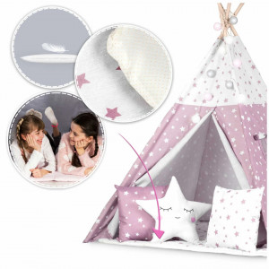 Cort de joaca pentru copii, cu fereastra, 3 perne, lumini, 120 x 120 x 165 cm, Nukido, Roz cu Stelute
