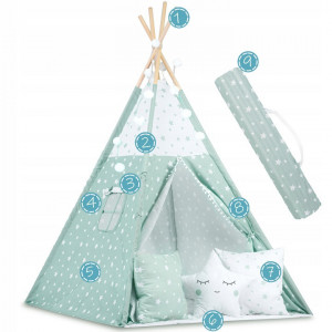 Cort de joaca pentru copii, Ricokids, Star Mint, cu fereastra, 3 perne, lumini, 120x120x165 cm