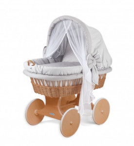 Cosulet din rachita, pentru bebe, cu saltea, patura 80 x 80 cm, baldachin, perna, Waldin, Natural, 8s1