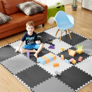 Covoras puzzle din spuma pentru copii, 180x180cm, 9 piese, Ricokids, Gri, Negru