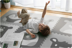 Covoras puzzle din spuma pentru copii, Ricokids, 180x180cm, 9 piese, Grey Animals