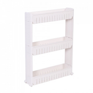 Dulap cu 3 rafturi stil biblioteca, pe roti, perfect pentru bucatarie sau baie, din plastic, 71 x 54 x 12 cm, Alb