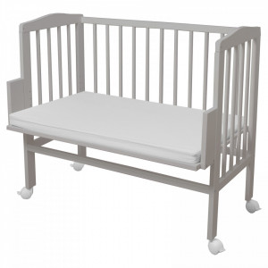 Patut pentru copii 2in1, 90 cm x 55 cm, lemn de fag, vopsea certificata, roti blocabile, laterala detasabila, co-sleeping, Saltea inclusa, Waldin, Gri