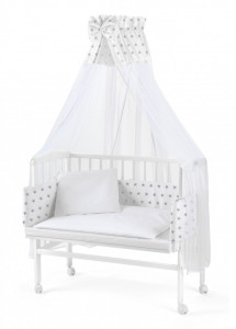 Patut pentru copii 2in1, 90 cm x 55 cm, lemn de fag, vopsea certificata, roti blocabile, laterala detasabila, co-sleeping, Saltea inclusa, Aparatoare laterala din bumbac, Baldacin cu Suport Metalic, Waldin, Equipment, Alb, 8S1