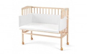 Patut pentru copii 2in1, 90 cm x 55 cm, lemn de fag, vopsea certificata, roti blocabile, laterala detasabila, co-sleeping, Saltea inclusa, Aparatoare laterala din bumbac, Waldin, Cover, Natural, 88