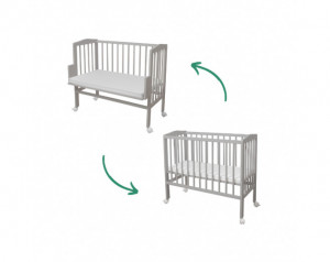 Patut pentru copii 2in1, 90 cm x 55 cm, lemn de fag, vopsea certificata, roti blocabile, laterala detasabila, co-sleeping, Saltea inclusa, Waldin, Gri