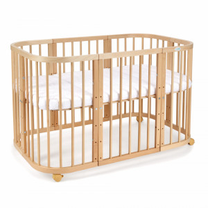 Patut Rotund Evolutiv pentru Copii, Multifunctional, 7in1, Saltele Incluse, Transformabil, Masa de Schimbat, Co-Sleeping, Tarc de Joaca, Birou, Scaune, Waldin, Natural