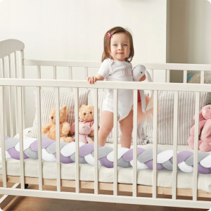 Protectie impletita pentru patut copii, 300 cm, Ricokids, Multicolor, Mov, Alb, Gri