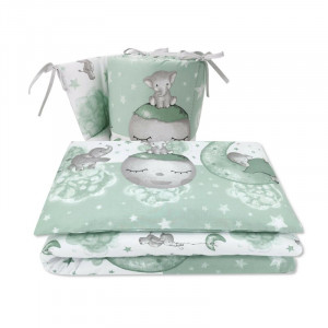 Qmini - Lenjerie patut pentru copii, 3 piese, Cu protectie laterala, Elephant Mint, Din bumbac, Pentru patut 120x60 cm