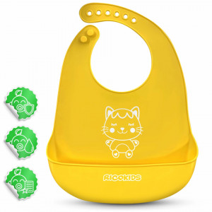 Ricokids - Baveta din silicon galben cu buzunar, pentru hranirea copilului