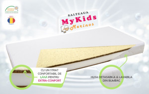 Saltea pentru patut copii, husa cu fermoar, detasabila, Mykids, Fibra, Cocos, Merinos, 120 x 60 x 11 cm
