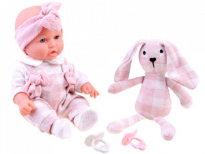 Set 2 jucarii interactive, Bebelus realist, zambitor, 30 cm, cu 2 suzete, Iepuras de plus, moale, 22 cm