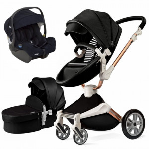 Set 3 in 1 - Carucior Hot Mom 360 Negru 2 in 1 + Scoica auto Joie Gemm Navy Blazer