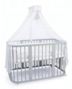 Set Patut Rotund Evolutiv pentru Copii, Multifunctional, 7in1, cu Saltele, Baldachin, Lenjerie si Aparatori Laterale, Transformabil, Masa de Schimbat, Co-Sleeping, Tarc de Joaca, Birou, Scaune, Waldin, Gri, Echipament Alb, 88