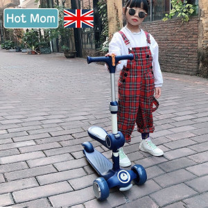 Trotineta cu 3 roti pentru copii 2 - 9 ani, cu Scaun, Hot Mom Wind Rider, Aliaj aluminiu, Silicon PU, Structura Robusta, Pana la 50 kg, Albastra