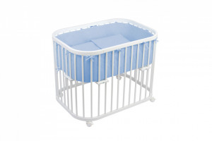 Waldin - Patut pentru copii Rotund 5in1 Alb cu Echipament Albastru, cu Sistem de Leganare, Saltele Incluse, Transformabil, Co-Sleeper, Tarc de Joaca, Masa si Scaun pentru Activitati