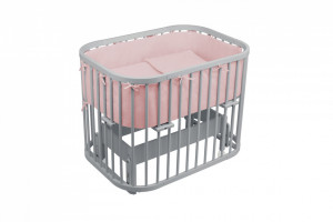 Waldin - Patut pentru copii Rotund 5in1 Gri cu Echipament Roz, cu Sistem de Leganare, Saltele Incluse, Transformabil, Co-Sleeper, Tarc de Joaca, Masa si Scaun pentru Activitati
