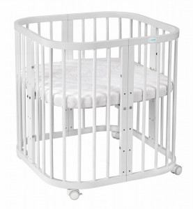 Waldin - Set Patut Rotund Evolutiv 7in1 Alb, Saltele Incluse, Transformabil, Masa de Schimbat, Co-Sleeping + Baldachin, Lenjerie si Aparatori Pink
